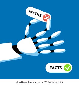 Facts versus myths. Ai robot arm hold Myths and facts icons. Banners with true or false facts. Emblem or badge. Flat vector illustration.