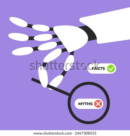Facts versus myths. Ai robot searching Myths and facts. Banners with true or false facts. Emblem or badge. Flat vector illustration.
