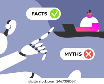 Facts versus myths with artificial Robot. Myths facts icons. Banners with true or false facts. Emblem or badge. Flat vector illustration.