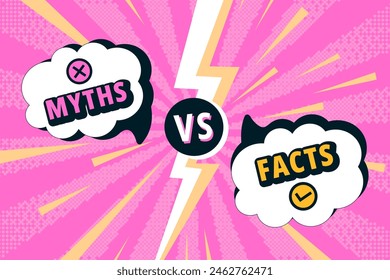 Facts versus myths battle. Myth speech bubble and fact frame with vs lightning divider, comic style vector banner of comparison and honest, untrue or fact. Vector illustration