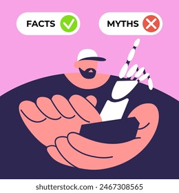 Facts versus myths. Boy decision with Myths and facts icons. Banners with true or false facts. Emblem or badge. Flat vector illustration.