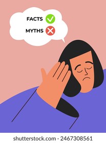 Facts versus myths. Girl confused with Myths and facts. Banners with true or false facts. Emblem or badge. Flat vector illustration.