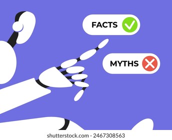 Facts versus myths. Myths facts icons with Ai Robot. Banners with true or false facts. Emblem or badge. Flat vector illustration.