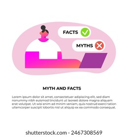 Facts versus myths. Myths facts icons. Banners with true or false facts on laptop. Emblem or badge. Flat vector illustration.