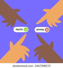 Facts versus myths. Myths facts icons and different nationalities people. Banners with true or false facts. Emblem or badge. Flat vector illustration.