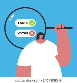 Facts versus myths. Myths facts icons with girl who search answer. Banners with true or false facts. Emblem or badge. Flat vector illustration.