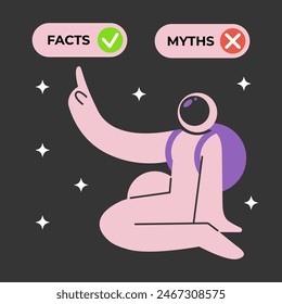 Facts versus myths. Myths facts icons in space. Banners with true or false facts. Emblem or badge. Flat vector illustration.