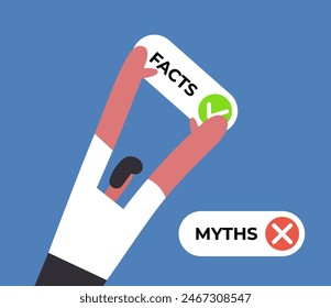 Facts versus myths. Man holds Facts icons. Banners with true or false facts. Emblem or badge. Flat vector illustration.