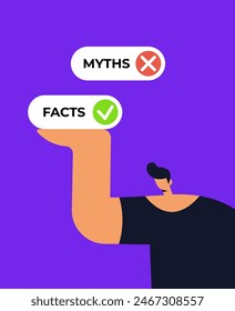 Facts versus myths. Man holds facts icons. Banners with true or false facts. Emblem or badge. Flat vector illustration.