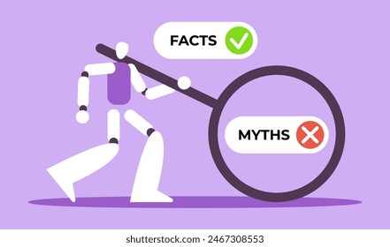 Facts versus myths in using Ai. Myths facts icons. Banners with true or false facts. Emblem or badge. Flat vector illustration.