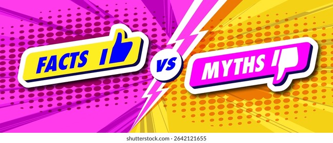 Facts vs myths card 3d style on color halftone background