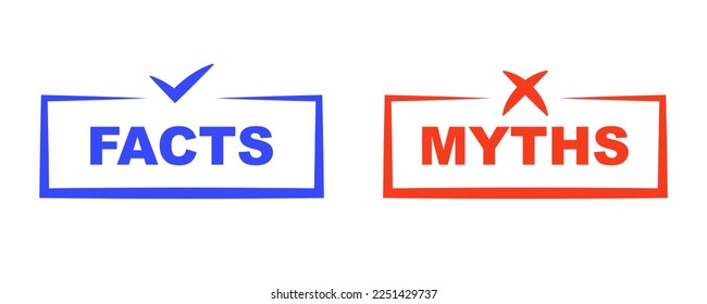 Facts vs myths. Concept of thorough fact-checking or easy compare evidence. Badges for marketing and advertising. Vector illustration