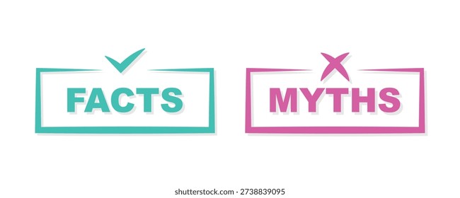 Facts vs myths. Concept of thorough fact-checking or easy compare evidence. Badges for marketing and advertising. Vector illustration