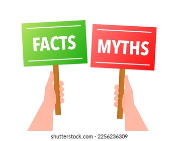 Facts vs myths, fact-checking. Check mark. Fake news. Rumors comparing with true information. Facts vs myths label.