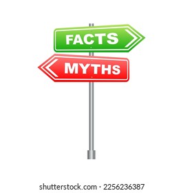 Facts vs myths, fact-checking. Check mark. Fake news. Rumors comparing with true information. Facts vs myths label.