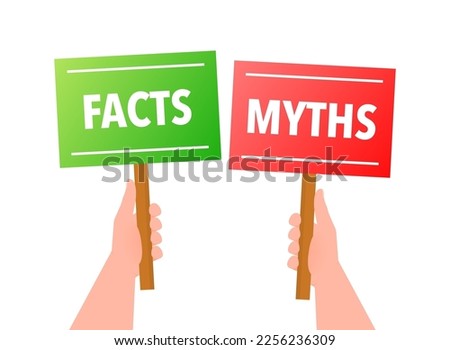 Facts vs myths, fact-checking. Check mark. Fake news. Rumors comparing with true information. Facts vs myths label.