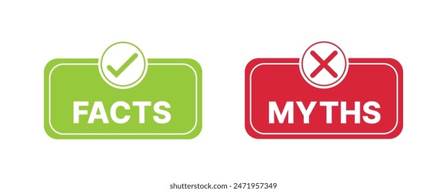 Facts vs myths icon like instant message. Concept of red and green x and checkmark or true or false and yes or no symbol. flat outline trend modern logotype graphic design isolated on white background