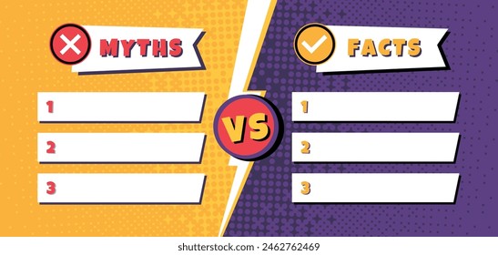 Facts vs myths template. Comparison list of 3 myths and facts with versus symbol and lightning divider. Comic style battle vector background. Illustration of comparison honest, untrue or fact