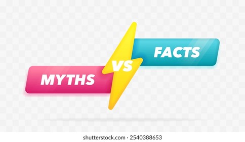 Fatos versus mitos versus fundo de batalha com raio no meio, simbolizando o contraste entre desinformação e verdade. Conceito de verificação completa de fatos ou fácil comparação de evidências