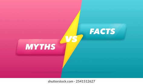 Fatos versus mitos versus fundo de batalha com raio no meio, simbolizando o contraste entre desinformação e verdade. Conceito de verificação completa de fatos ou fácil comparação de evidências