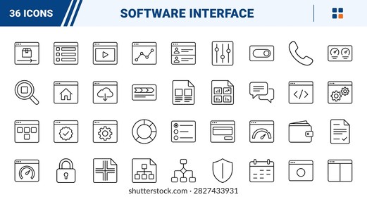 Factual line icon set featuring UI component symbols and interface controls, drawn as a thin linear illustration for digital products.