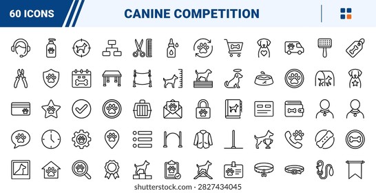Factual line icon set featuring dog show, canine agility, and pet handling elements in thin linear illustration style.