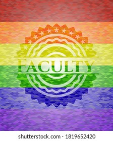 Faculty emblem on mosaic background with the colors of the LGBT flag. 