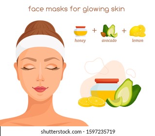 Facw mask for glowing skin. Ingredients for home cosmetic procedure. Vector banner with the face of a girl with a mask and a recipe. Vector illustration.