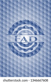 Fad blue emblem or badge with abstract geometric polygonal pattern background.