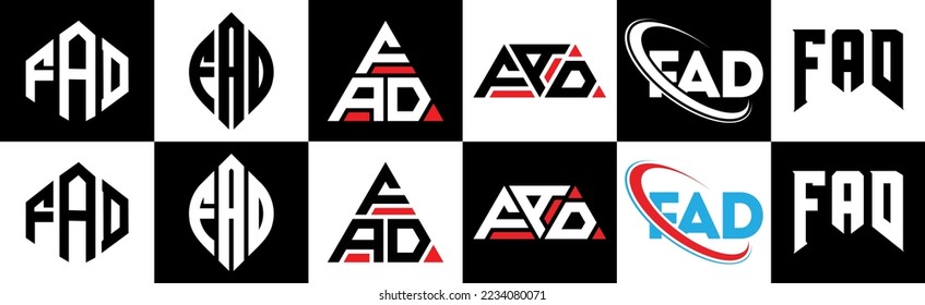 FAD letter logo design in six style. FAD polygon, circle, triangle, hexagon, flat and simple style with black and white color variation letter logo set in one artboard. FAD minimalist and classic logo