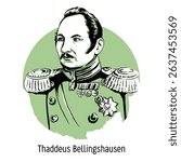 Faddey Bellingshausen — Russian navigator, admiral, one of the discoverers of Antarctica. Active member of the Russian Geographical Society. Hand-drawn vector illustration