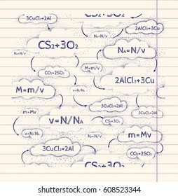 Faded background with physical and chemical formulas. Vector isolated illustration.
