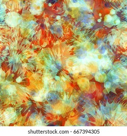 Faded background from spots and sharp elements. Blue, orange, white colors. Seamless texture for wrapping paper, home decor, fabric. Watercolor effect. 