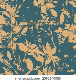 faded blue beige botanical seamless pattern rustic vintage floral texture distressed abstract leaves design aged decorative foliage print classic artistic textile background