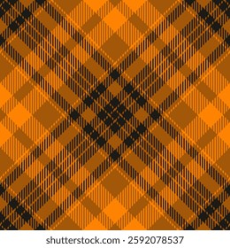 Faded check vector seamless, ethnic pattern tartan textile. Worn fabric texture plaid background in orange and black colors palette.