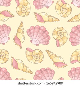 Faded cockleshells seamless pattern. On the yellow. Vector background.