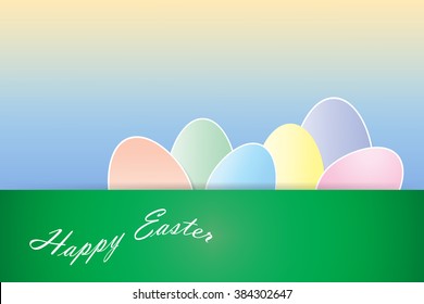 Faded colorful eggs with white borders are lying behind the rectangle in the lower part of the vector. White inscription Happy Easter is on the lower left side. All is on the blue yellow background.