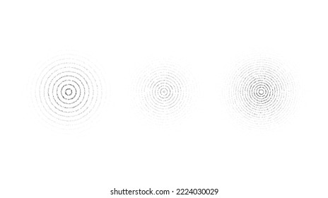 Faded concentric circles set. Dotted grainy rings set. Stippled gradient epicentre, radar or target concept . Grain noise sound wave. Vector stochastic dot work