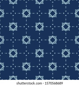 Faded  Geometric Tie Dye Effect Background. Seamless Pattern Abstract Textile Swatch in Bleach Style Denim Dyed Indigo Blue. Vector EPS 10
