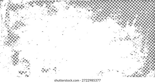 Puntos de semitono circular gris descolorido y motas dispersas a través de un fondo texturizado blanco angustiado. Eps10