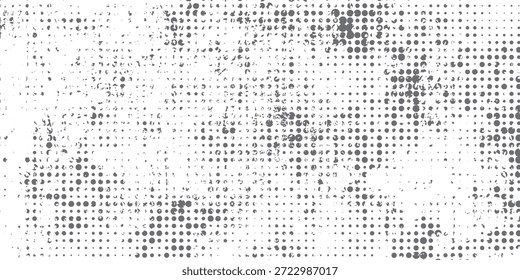 Puntos de semitono circular gris descolorido y motas dispersas a través de un fondo texturizado blanco angustiado. Eps10