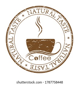 faded impression of a stamp with a Cup of coffee and the inscription Real taste, isolated on a white background