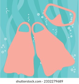 Faded red swim mask and fins on turquoise ocean background
