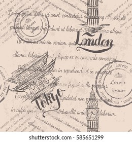 Faded text, hand drawn hand drawn big ben, lettering London, hand drawn temple Senso-ji, lettering Tokyo, seamless pattern on beige background