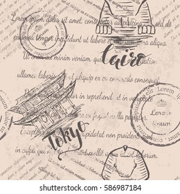 Faded text, hand drawn Sphinx, lettering Cairo, hand drawn temple Senso-ji, lettering Tokyo, seamless pattern on beige background