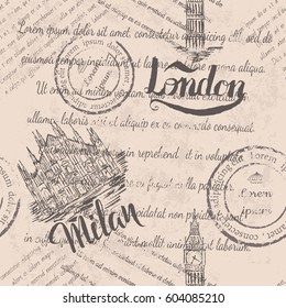 Faded text, stamps, big ben, lettering London, hand drawn Milan Cathedral, lettering Milan, seamless pattern on beige background