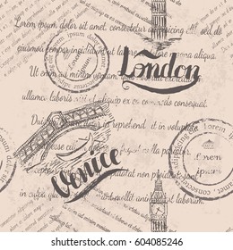 Faded text, stamps, big ben, lettering London, hand drawn the Rialto Bridge, lettering Venice, seamless pattern on beige background