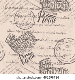 Faded text, stamps, Coliseum, lettering Rome, seamless pattern on beige background