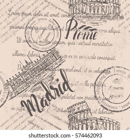 Faded text, stamps, Coliseum, lettering Rome, Royal Palace of Madrid, lettering Madrid, seamless pattern on beige background