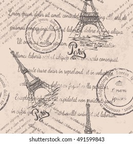 Faded text, stamps, Eiffel Tower, lettering Paris, seamless pattern on beige background